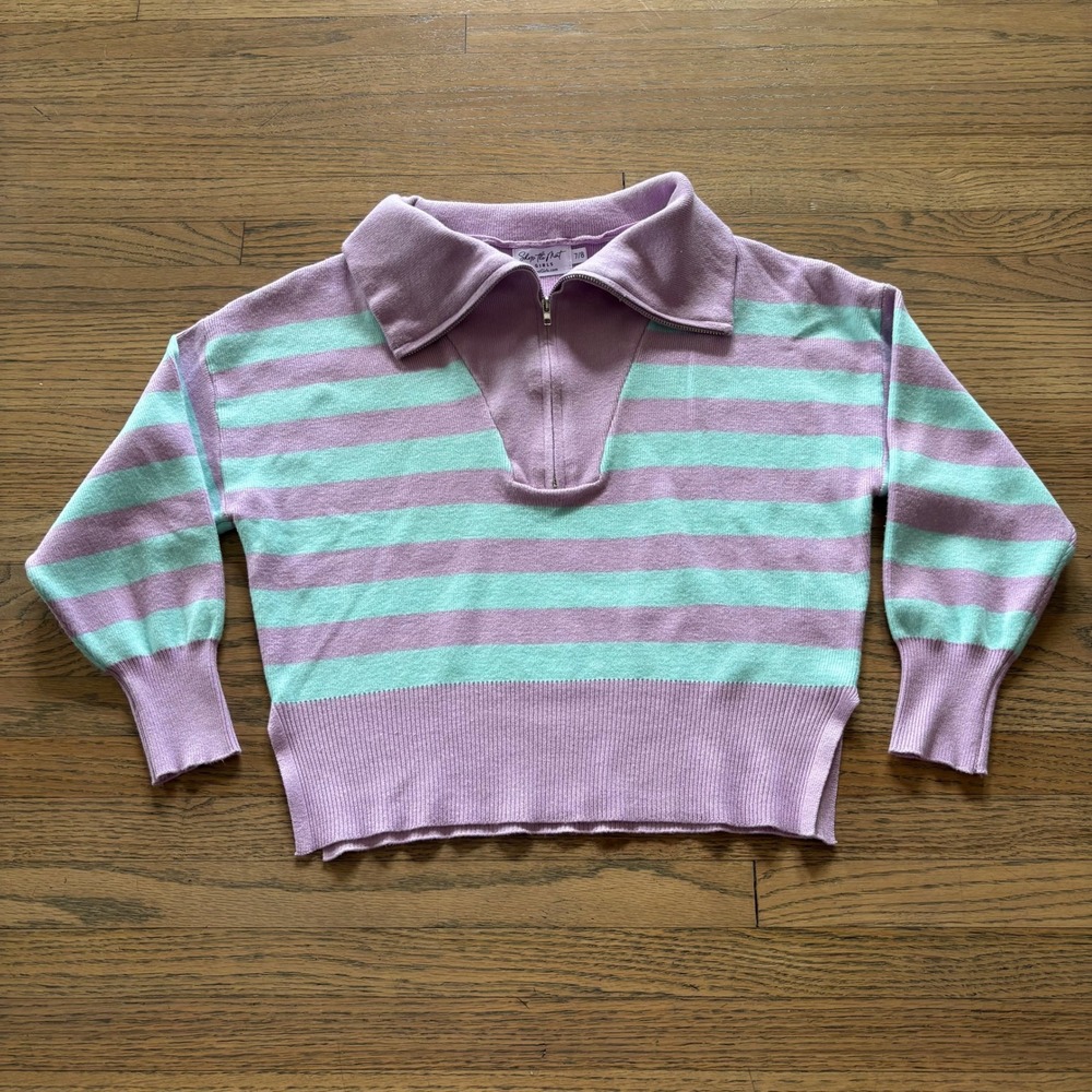 Shop the Mint Girls Purple Mint Green Striped Quarter Zip Sweater‎ Size 7/8